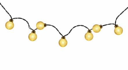 Softly glowing warm yellow orb string lights suspended against a deep black background