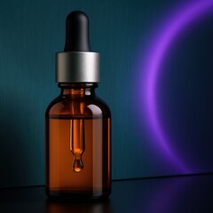 Amber glass dropper bottle with silver cap standing against teal background with glowing purple arc, luxury serum or essential oil mockup.
