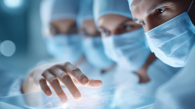 Group of surgeons performing complex defocused operation modern, faceless medical team, surgery visualization detail, blurred operating room, healthcare concept, collaboration inte
