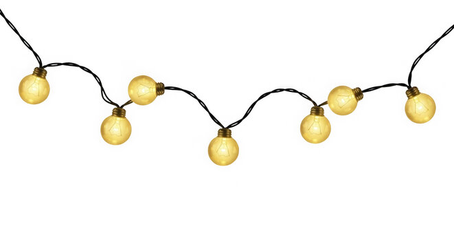 Softly glowing warm yellow orb string lights suspended against a deep black background