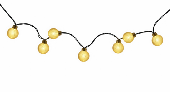 Softly glowing warm yellow orb string lights suspended against a deep black background