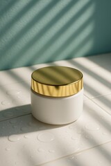 Minimalist cosmetic cream jar with shiny golden lid standing on white surface, soft sunlight and shadows on pastel green wall, luxury skincare product mockup.
