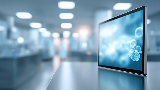 Modern medical research facility with defocused advanced technology, faceless laboratory space, display visualization detail, blurred equipment background, innovation concept, rese