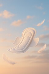 Soft white sanitary pad floating in a clear blue sky with light clouds and feathers, symbolizing comfort, freshness and gentle period protection.