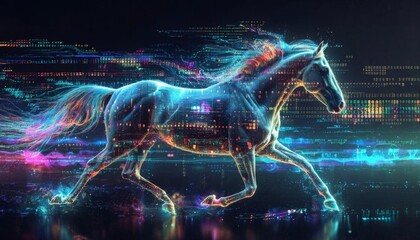 A digital horse that creates daily Christmas content, a concept of interactive technologies. The symbol of 2026. Background with horse