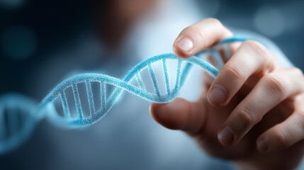 Futuristic double helix DNA strand defocused glowing blue, faceless genetic research, laboratory visualization detail, blurred medical background, science concept, research interfa