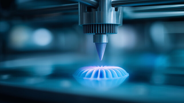 Close-up 3D bioprinter nozzle and defocused fan blue, faceless modern technology, manufacturing visualization detail, blurred background, medical innovation concept, advanced inter