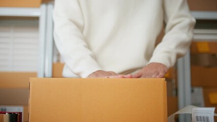 Close up of Business owner hand putting shipping label on parcel, preparing for delivery to customer. Small business shop owner Preparing online orders for shipping. inventory and order processing.