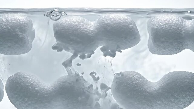 Packing Peanuts Floating in Clear Water on a White Background