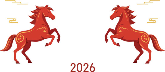 Two stylized red horses face each other above the year 2026 Chinese new year theme