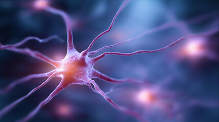 Microscopic view neuron with branching defocused axons vibrant, faceless scientific setting, neural visualization detail, blurred colorful background, neuroscience concept, medical