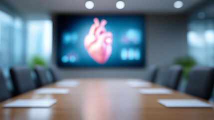 Medical conference room large display defocused showing heart, faceless clinical research, data charts visualization detail, blurred healthcare background, innovation concept, rese