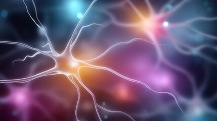 Microscopic view neuron with branching defocused axons vibrant, faceless scientific setting, neural visualization detail, blurred colorful background, neuroscience concept, medical