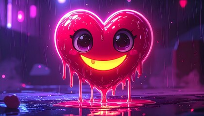Glowing, smiling red heart cartoon character melts and drips on a dark, neon purple and pink surface