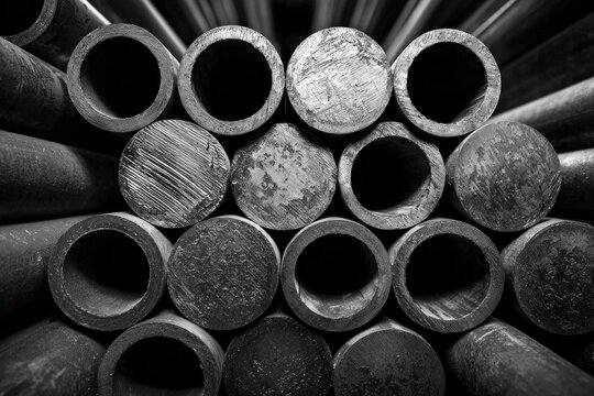 Stacked metal pipes forming a repetitive industrial pattern in black and white
