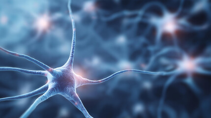 Neuron cells network brain activity defocused neural connections, faceless synapse nervous, biology visualization detail, blurred system background, medical concept, research inter