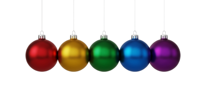 Colorful christmas baubles in a row, vibrant festive holiday ornaments hanging newton