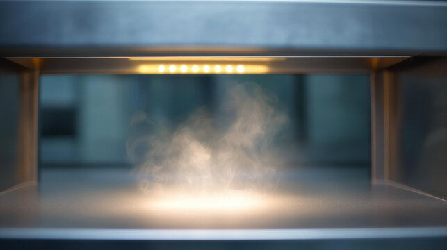 Laboratory fume hood with visible defocused smoke vapor, faceless scientific research, containment visualization detail, blurred procedure background, safety concept, research inte