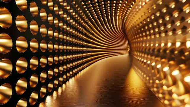 Golden metallic tunnel with circular pattern diminishing into distance