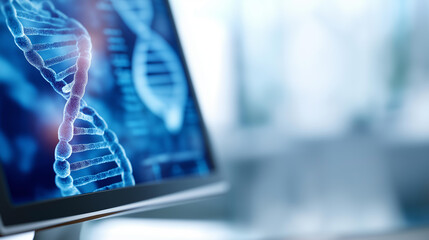 Computer monitor displaying complex DNA defocused strands charts, faceless data analysis, graphs visualization detail, blurred research background, medical concept, innovation inte
