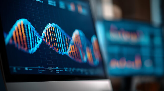 Computer monitor displaying complex DNA defocused strands charts, faceless data analysis, graphs visualization detail, blurred research background, medical concept, innovation inte