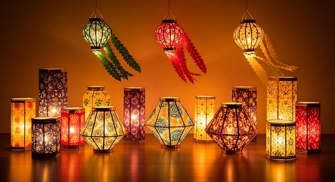 Glowing Traditional Indian Diwali Lanterns (Akash Kandil) with Intricate Patterns, Creating a Warm Festive Ambiance