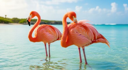 Flamingos amidst vibrant turquoise waters, a captivating tropical paradise vista, showcasing the