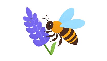 Cartoon bee visiting a lavender flower, with blue wings and brown and yellow stripes, set against a white background