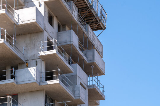 Modern design defining architecture and housing as construction and cranes support urban development across the Montpellier France building site
