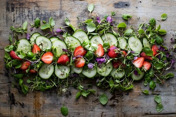 Summer salad with uniquely shaped cucumbers, fragrant strawberries, microgreens, and dressing made with farm-grown basil.