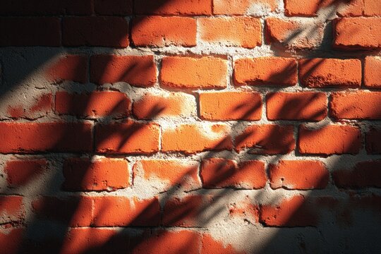Red brick wall displaying rough texture with strong angular sunlight and abstract leaf shadows