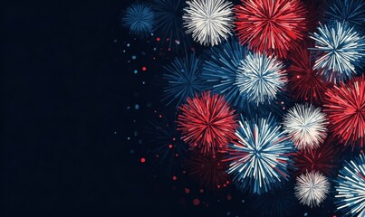 Vibrant fireworks in red, white and blue burst against a dark night sky.