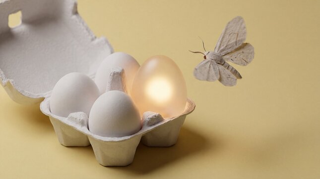 Eggs And A Glowing Egg In A Carton With A Moth Hovering Nearby, On A Plain Yellow Background - Powered by Adobe