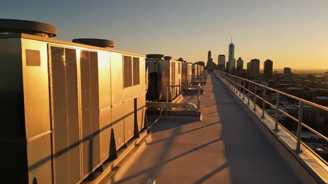 Rooftop HVAC units with city skyline at sunset.