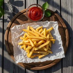 Golden crispy french fries with ketchup, perfect casual comfort food meal