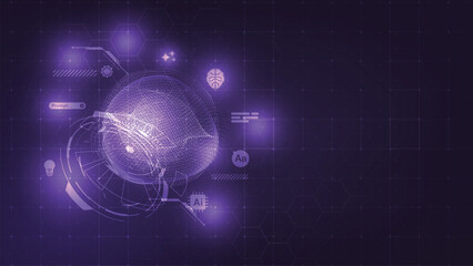 Futuristic artificial intelligence background concept. Glowing purple digital brain, neural network, and tech icons on dark hexagonal banner with massive copy space.