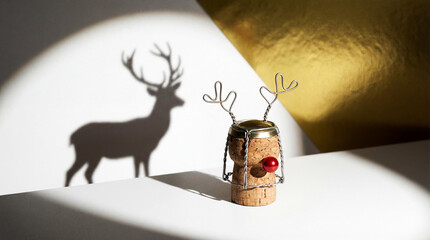 Holiday Spirit Featuring Champagne Cork Reindeer With Red Nose, Casting Deer Silhouette Shadow on Wall