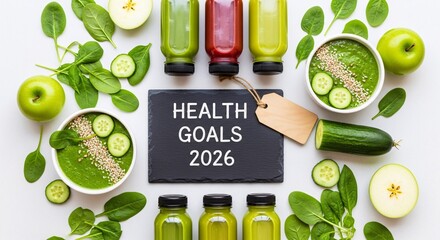 Health Goals 2026 Green Smoothie Detox Diet Vegetables Fruit Concept