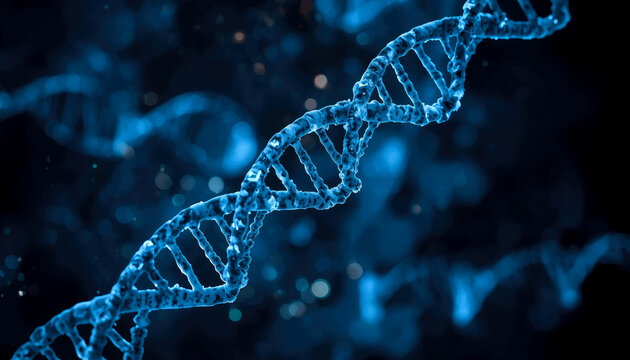 3D DNA Structure Model with Abstract Dark Medical Background. Digital 3D Model of DNA Strand on Dark Background