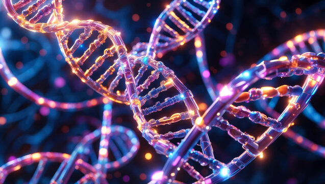 3D DNA Structure Model with Abstract Dark Medical Background. Digital 3D Model of DNA Strand on Dark Background