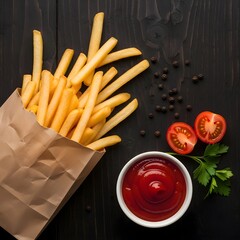 Golden french fries with ketchup and fresh tomato halves ready to eat