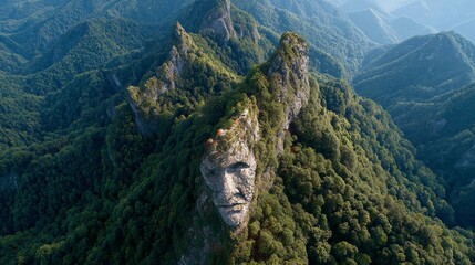 Stone face emerging from vibrant green mountain landscape aerial.