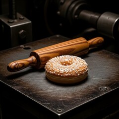 Freshly baked donut with sprinkles and rolling pin on industrial surface