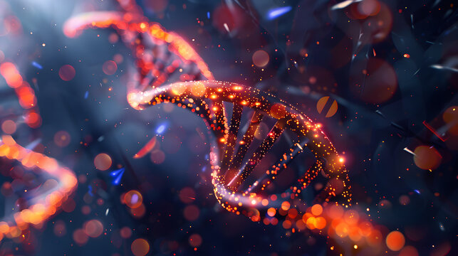 Glowing double helix DNA strand, futuristic molecular design representing genetics, science, and biotechnology innovation.