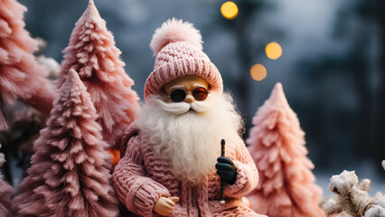 Obraz premium Santa Claus Figure in Warm Clothing Sits Among Pink Trees With Lights in a Winter Setting