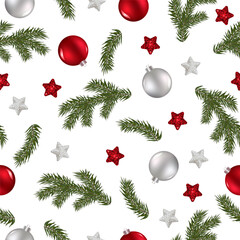 Christmas Seamless Pattern With Vintage Christmas Glass Balls and Branches.
