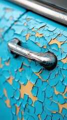 A detailed, close-up view of a vintage car door with cracked and peeling blue paint, revealing a tan undercoat. A chrome door handle is visible, showing signs o