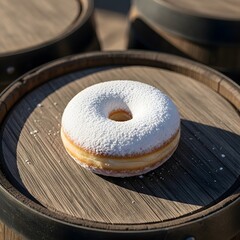 Delicious donut covered in powdered sugar on rustic wooden barrel top