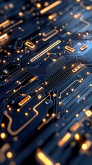 A highly detailed, close-up view of a dark blue circuit board with glowing orange lines and dots, suggesting active data flow and advanced technology.