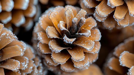 A detailed macro shot of several brown pinecones covered in delicate frost, set against a dark background with soft, diffused lighting.